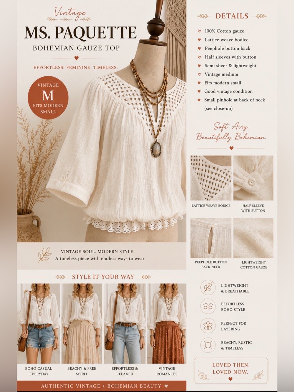 Vintage -Ms. Paquette -70’s 80’s cream color gauze top - 1/2 batwing sleeve